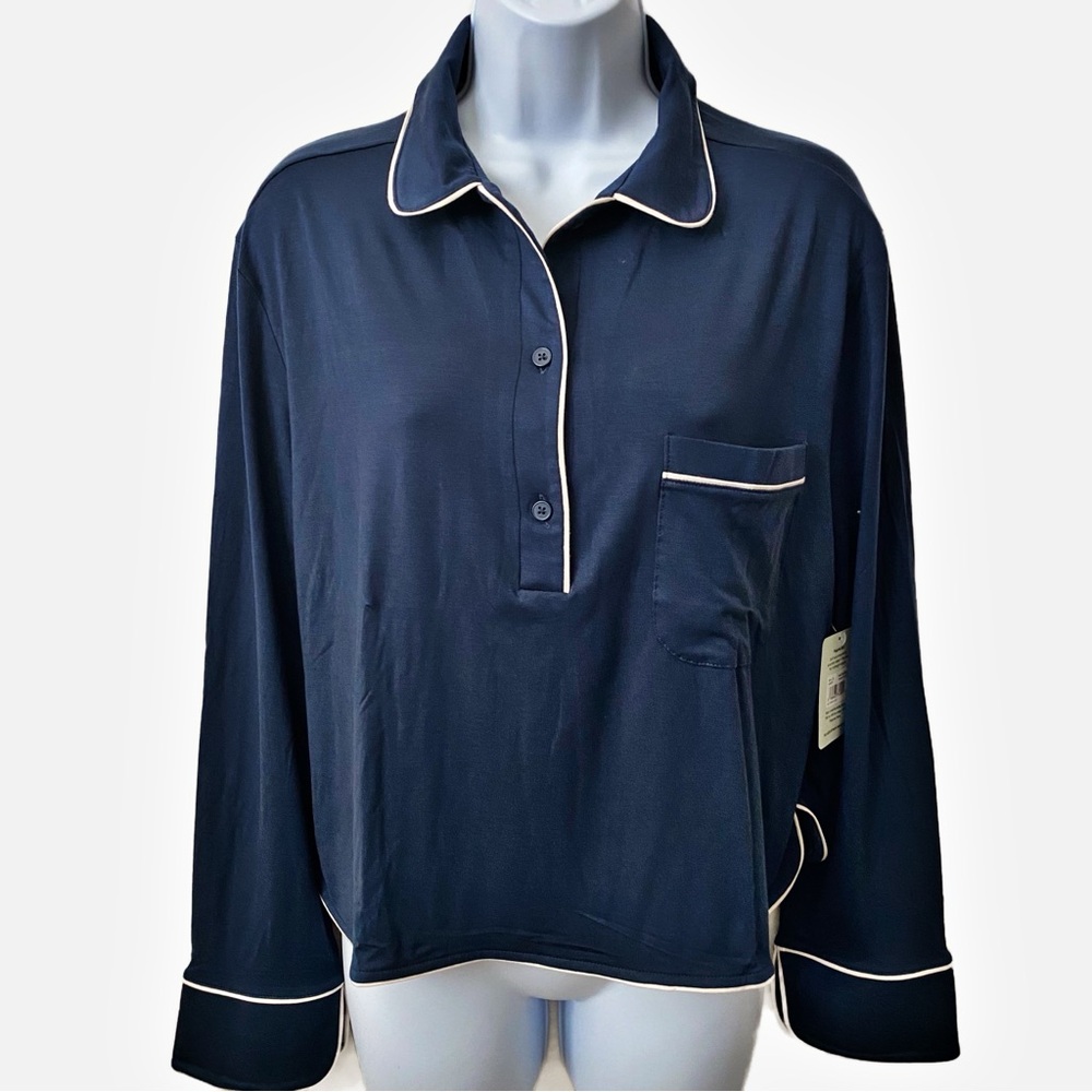 Tommy John, Women’s Pajama Quarter Button Shirt Top Off-White piping det…